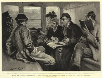 Na een Paasrace, een Professor van de Drie-kaart Truc aan het werk in een Treinwagon